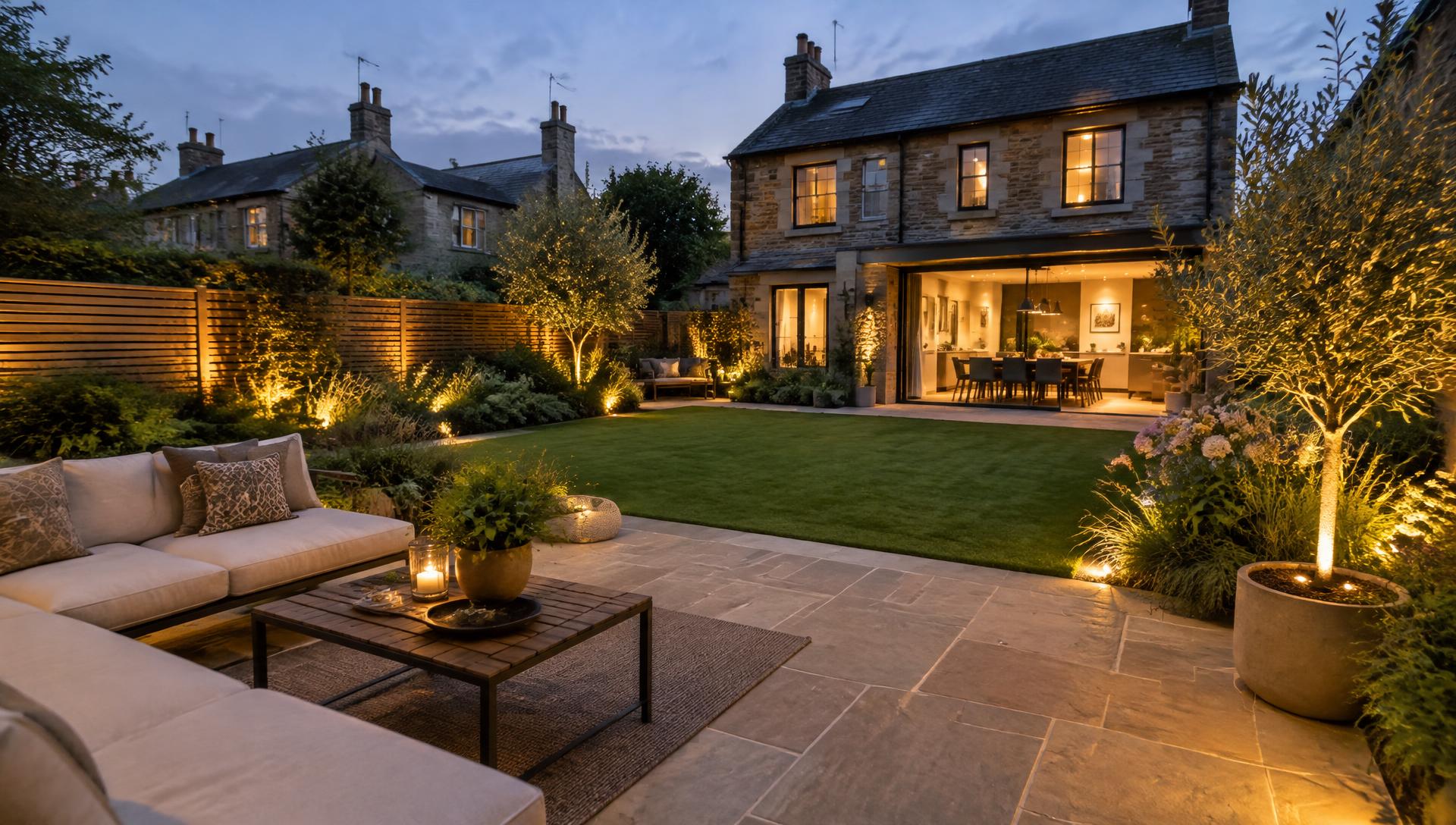 Landscaped garden with stone patio, lawn and garden lighting in Leeds